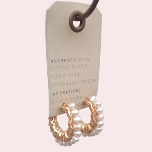NWT Anthropologie Mini Pearl Hoop Earrings Gold - Picture 4 of 5